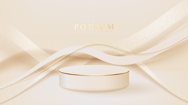 Realistic white display stand with golden curve lines scene, podium showing product for promotion sales and marketing. luxury style background. 3d vector illustration.