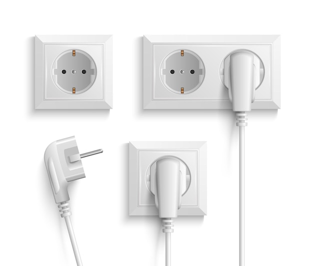 Free vector realistic white electric wall sockets with plugs with one and two outlets isolated vector illustration