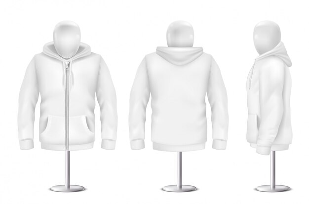 Realistic white hoodie, front, back, side view of sweatshirt