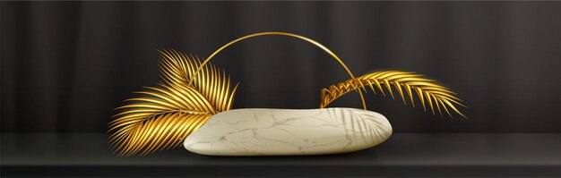 Realistic white marble stone platform on black wall background with golden palm leaf and arch decoration Vector illustration of natural rock for luxury beauty care product presentation spa salon
