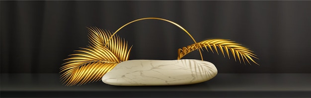 Free vector realistic white marble stone platform on black wall background with golden palm leaf and arch decoration vector illustration of natural rock for luxury beauty care product presentation spa salon