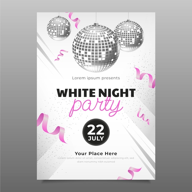 Vettore gratuito modello realistico di poster per feste bianche con palline da discoteca