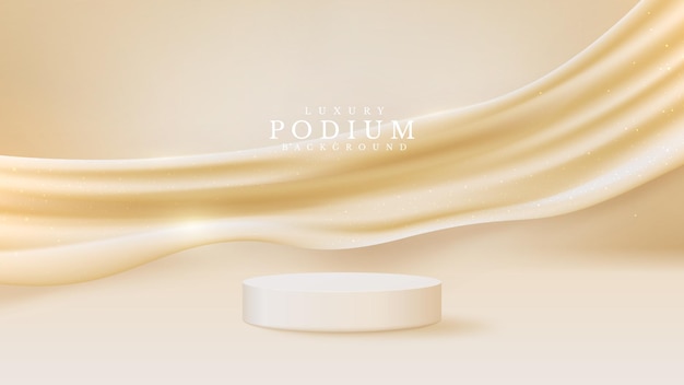 Realistic white product podium showcase with golden canvas element on back. luxury background concept. vector illustration for promoting sales and marketing.