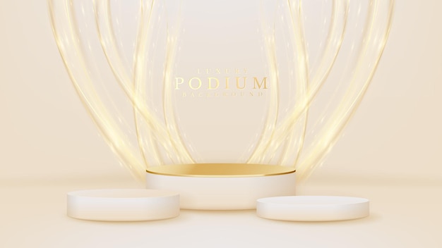 Realistic white product podium showcase with golden curve line and glitter light effects elements.