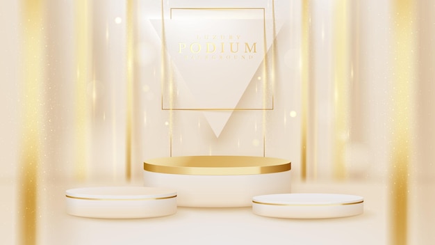 Realistic white product podium showcase with golden line on back. luxury 3d style background concept. vector illustration for promoting sales and marketing.