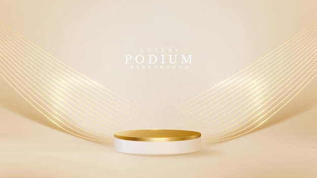 Realistic white product podium showcase with line golden wave on back. luxury 3d style background concept. vector illustration for promoting sales and marketing.