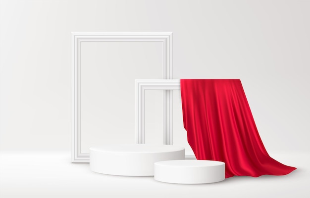 Free vector realistic white product podium with white picture frames and red silk drapery on white