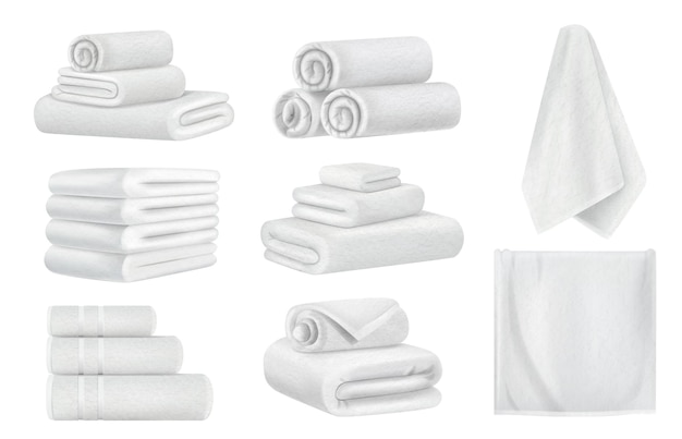 Реалистичный набор белых полотенец с отдельными изображениями скрученных банных полотенец, уложенных в стопки и векторные иллюстрации пирамид