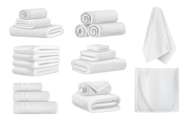 realistic white towel set with isolated images of twisted bath towels put into stacks and pyramids vector illustration