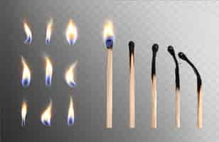 Free vector realistic whole and burnt wooden matchstick with different flame