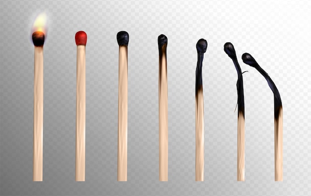 Free vector realistic whole and burnt wooden matchsticks from fire