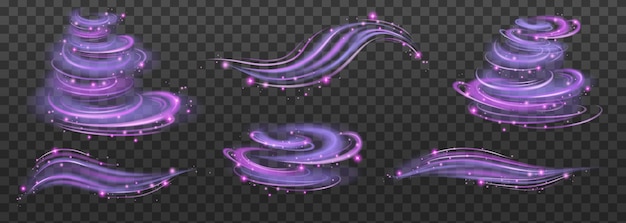 Realistic wind swirls vector with purple neon color set