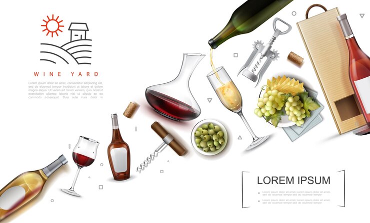 Free Vector realistic wine elements composition with bottles glasses of wine corks paper bag corkscrews green olives