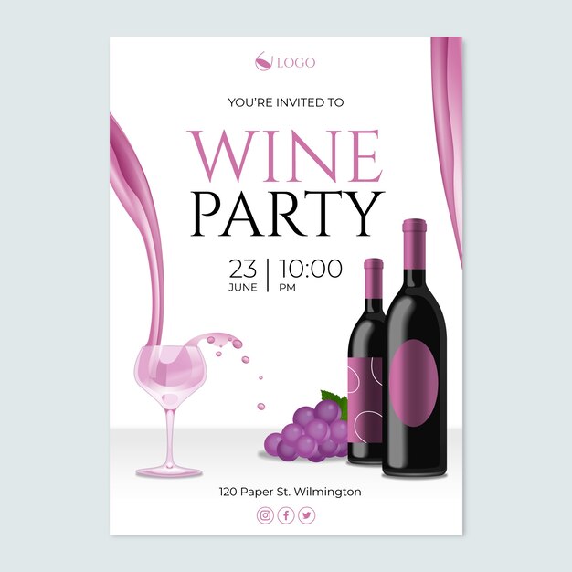 Realistic wine party invitation template