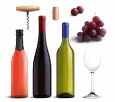 Бесплатное векторное изображение Реалистичный винный набор с красным и белым вином и виноградом