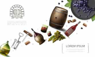 Free vector realistic winemaking elements collection with bottles glasses and wooden barrel of wine grape bunches corkscrews  illustration