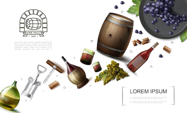 ボトルグラスとワインブドウの房コルク栓抜きの木製の樽でリアルなワイン醸造要素のコレクション