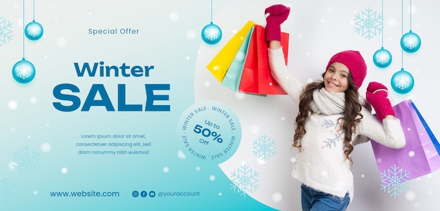 Realistic winter horizontal sale banner template