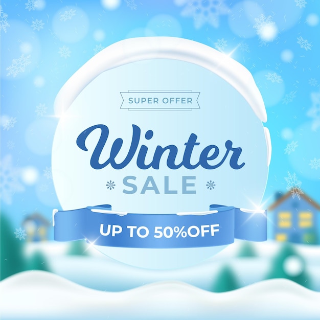 Realistic winter sale and blurred houses