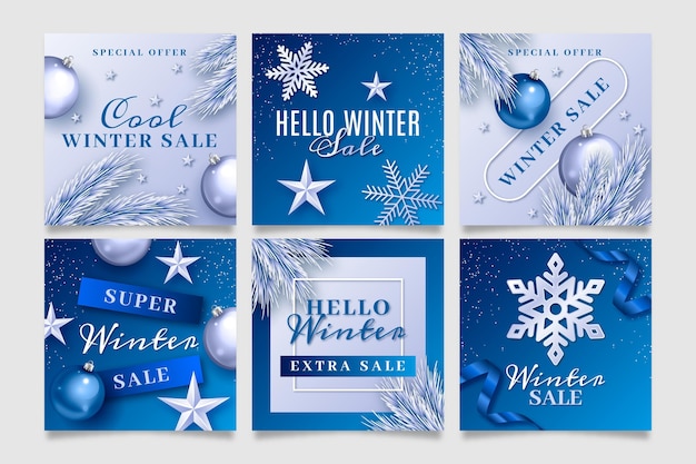 Free vector realistic winter sale instagram posts collection