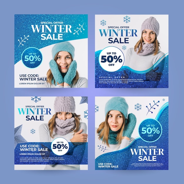 Free vector realistic winter sale instagram posts collection