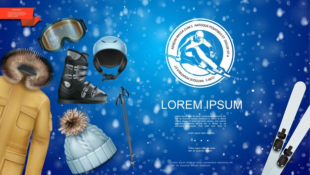 Realistic winter sport template with jacket hat ski and sticks\
snowboarding glasses boot helmet on blue snowy illustration