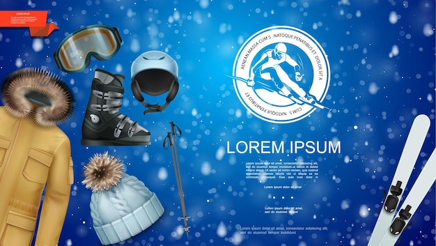 Realistic winter sport template with jacket hat ski and sticks snowboarding glasses boot helmet on blue snowy illustration