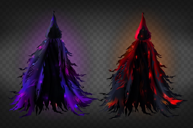 無料ベクター フード付き現実的な魔女の衣装、赤と紫の光を伴う黒い荒れた岬