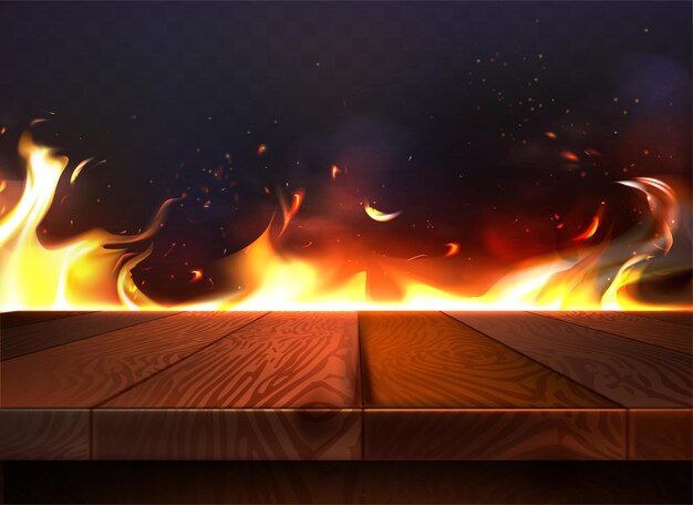 Realistic wooden empty table top with fire flames and glowing sparks