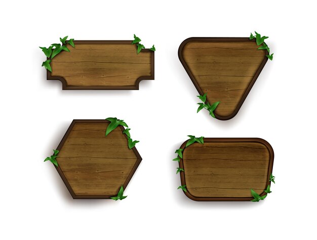 Realistic wooden signs with green leaves