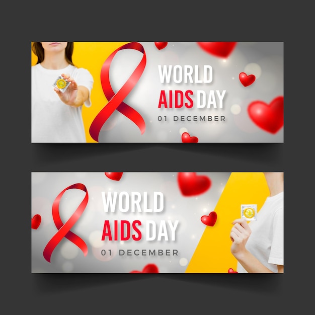 Realistic world aids day horizontal banners set