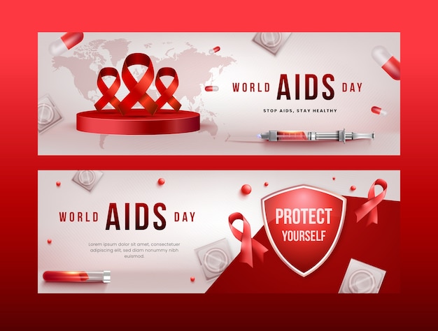 Realistic world aids day horizontal banners set