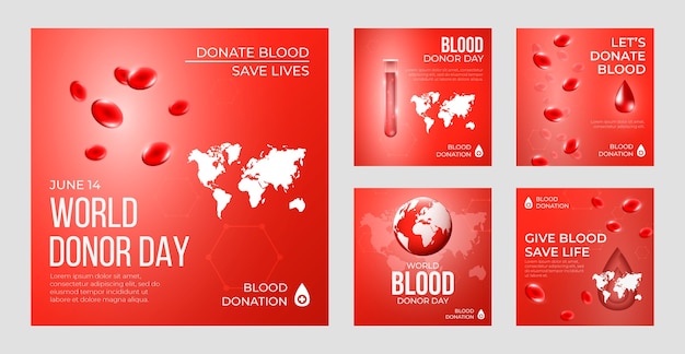 Vettore gratuito collezione di post di instagram della giornata mondiale del donatore di sangue realistica