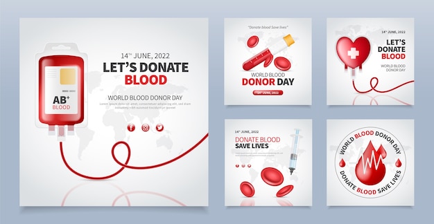 Vettore gratuito collezione di post di instagram della giornata mondiale del donatore di sangue realistica