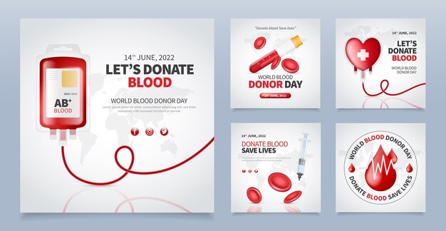 Realistic world blood donor day instagram posts collection