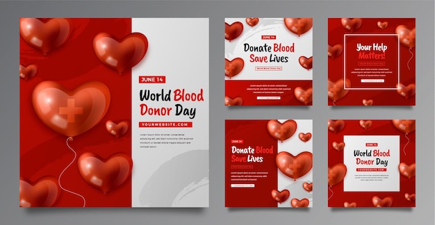 Vettore gratuito collezione di post di instagram della giornata mondiale del donatore di sangue realistica