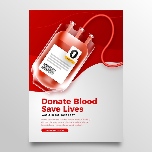 Vettore gratuito modello di poster verticale realistico per la giornata mondiale del donatore di sangue con sacca di sangue
