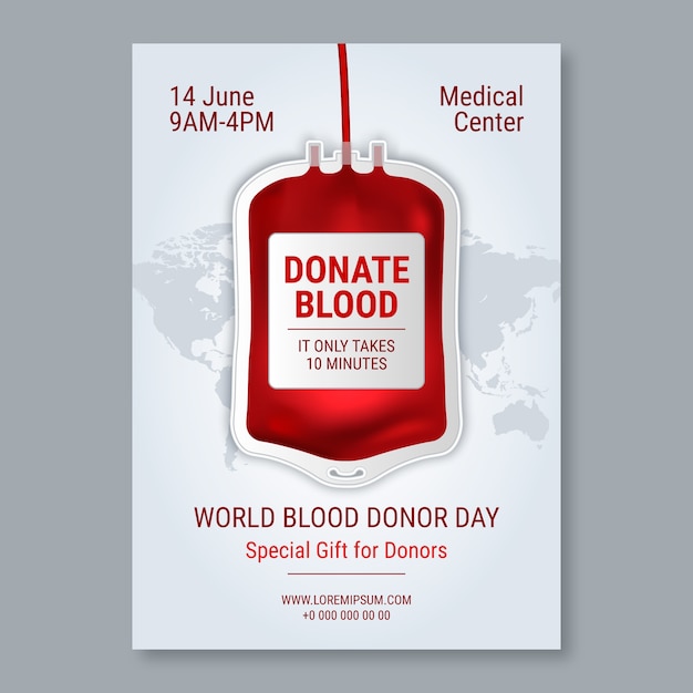 Realistic world blood donor day vertical poster template with blood bag