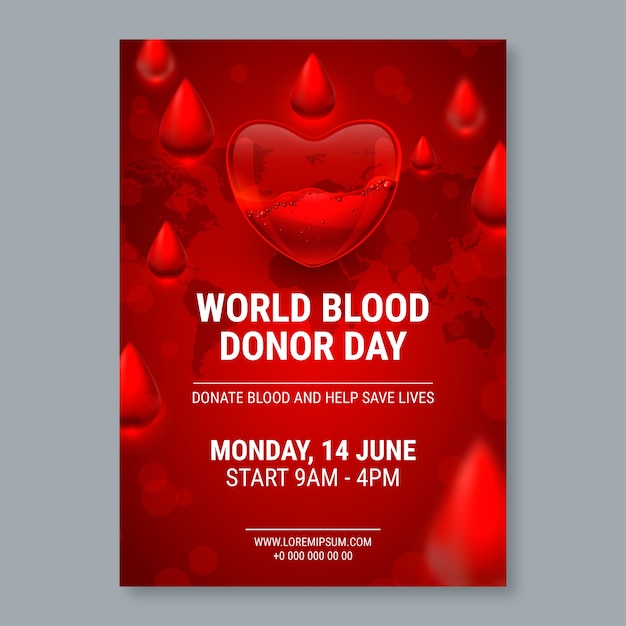 Vettore gratuito modello di poster verticale realistico per la giornata mondiale del donatore di sangue con gocce di sangue