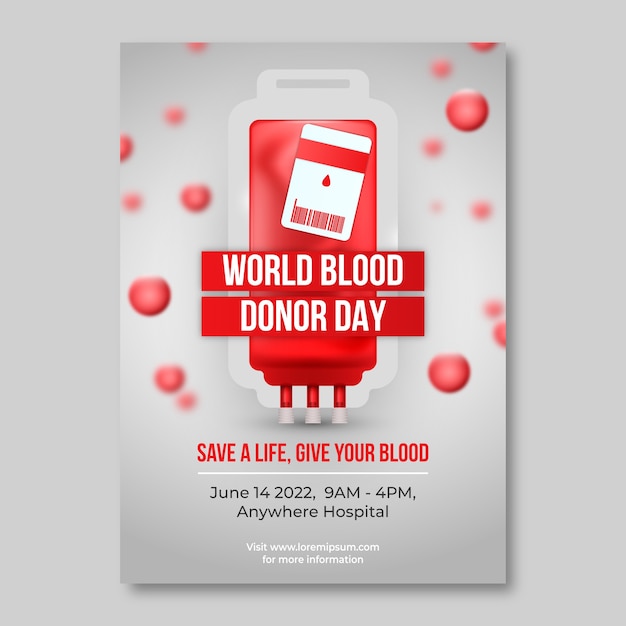 Vettore gratuito modello di poster verticale per la giornata mondiale del donatore di sangue realistico