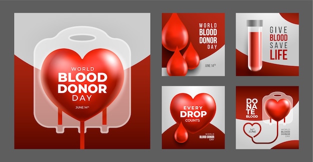 Free vector realistic world blood donor instagram post collection