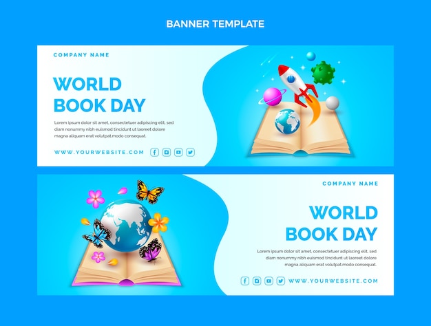 Free vector realistic world book day horizontal banners pack