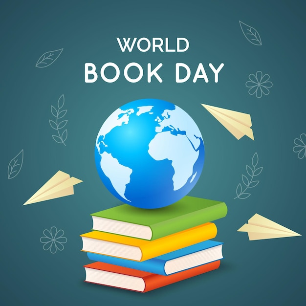 Free vector realistic world book day illustration with planet and books