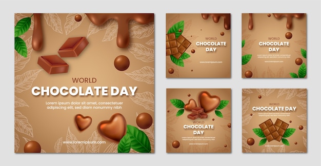 Collezione di post instagram realistici per la giornata mondiale del cioccolato