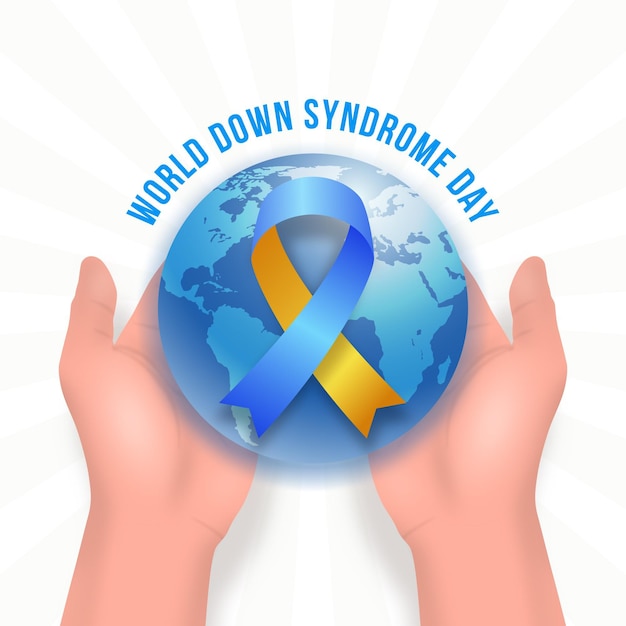 Free vector realistic world down syndrome day illustration with planet held in hands and ribbon