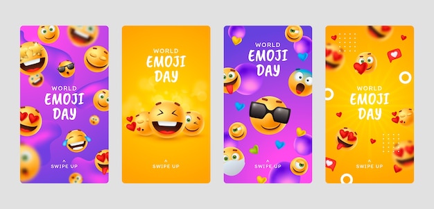 Vettore gratuito collezione di storie di instagram della giornata mondiale delle emoji realistiche