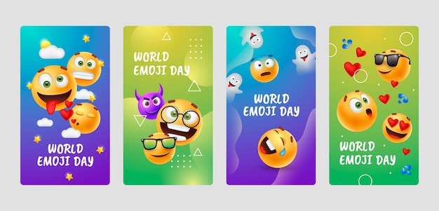 Vettore gratuito collezione di storie di instagram della giornata mondiale delle emoji realistiche