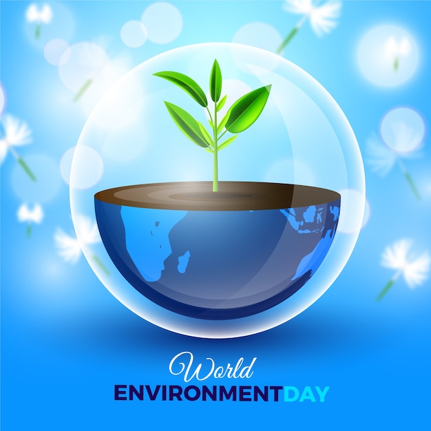 Realistic world environment day with plant growing from earth