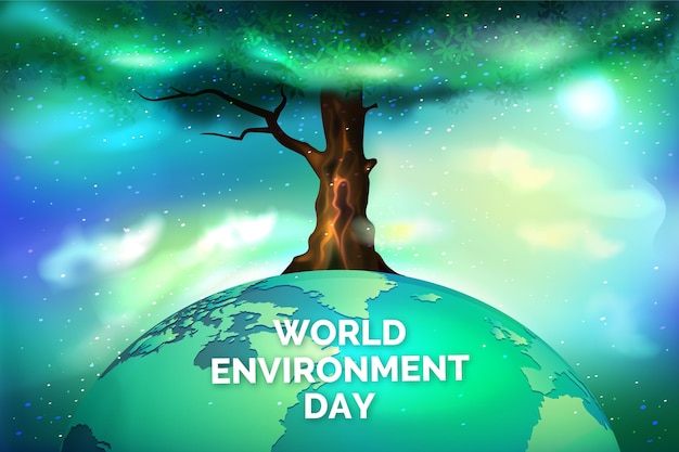 Free vector realistic world environment day with tree and planet