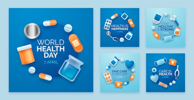 Бесплатное векторное изображение Реалистичная коллекция постов в instagram о всемирном дне здоровья